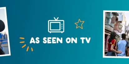 As Seen on TV Blue banner with text saying "as seen on tv" and four images. There's one of the family on a rollercoaster at SeaWorld, one of a young girl meeting Mickey at Walt Disney World Resort in Florida, one of the family looking at Diagon Alley and finally the family dancing with two minions at Universal Orlando Resort.