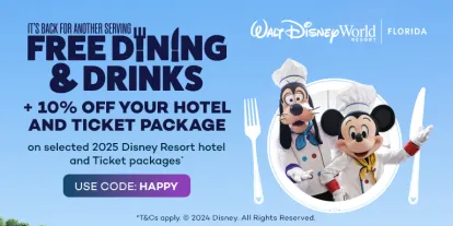 Free Dining and Drinks at Walt Disney World Resort in Florida plus save 10% with code HAPPY