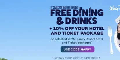 Free Dining and Drinks at Walt Disney World Resort in Florida plus save 10% with code HAPPY