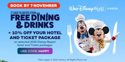 Free Dining and Drinks at Walt Disney World Resort in Florida plus save 10% with code HAPPY