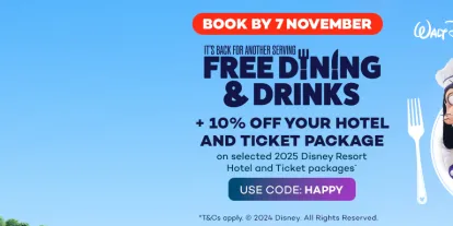 Free Dining and Drinks at Walt Disney World Resort in Florida plus save 10% with code HAPPY