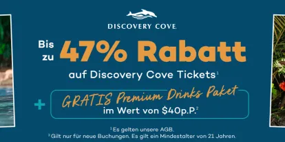 Bis zu 47% Rabatt auf Discovery Cove Ticket + GRATIS Premium Drinks Paket im Wert von $40 pro Person