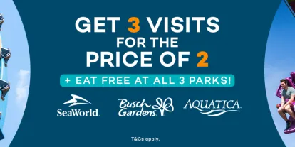 Get 3 SeaWorld Florida Parks for the Price of 2 plus EAT FREE on each park visit when you purchase the SeaWorld Parks 3 Visit Ticket