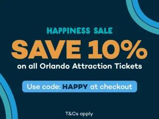 Get 10% off Orlando Tickets and Orlando Hotels - use code HAPPY at checkout