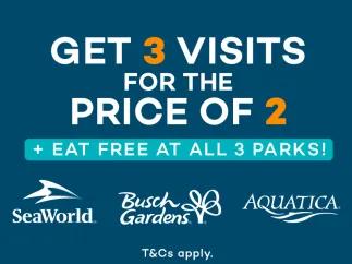 Get 3 SeaWorld Florida Parks for the Price of 2 plus EAT FREE on each park visit when you purchase the SeaWorld Parks 3 Visit Ticket