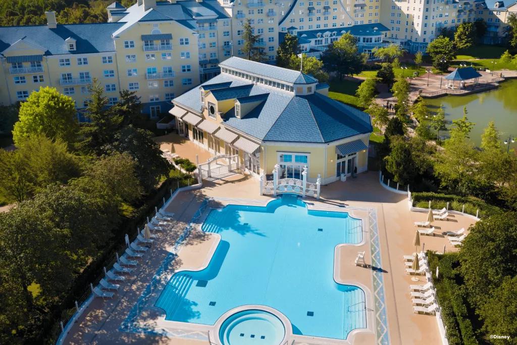 An aerial view of the outdoor pool at Disney Newport Bay Club