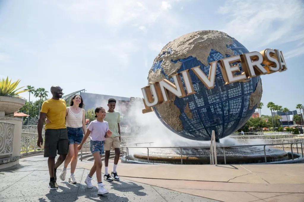 Universal Orlando Resort A family walking in front of the Universal globe at Universal Orlando Resort