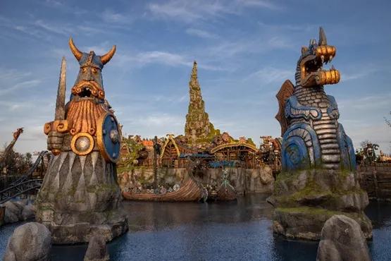 Large Viking statues on a lake guarding an island village