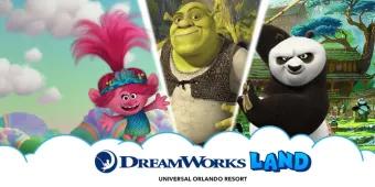Trolls, Shrek and Kung Fu Panda above the logo for DreamWorks Land at Universal Orlando Resort