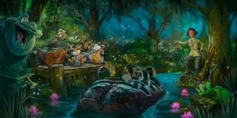 Konzeptgrafik eines länglichen Bootes, das durch eine Wasserbahn fährt, vorbei an Prinzessin Tiana und Waldbewohnern, die Instrumente spielen