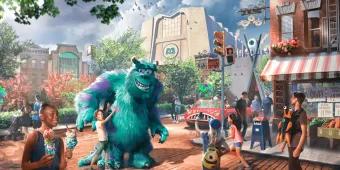 Concept art of Sulley walking through a new Monsters, Inc. themed land at Walt Disney World