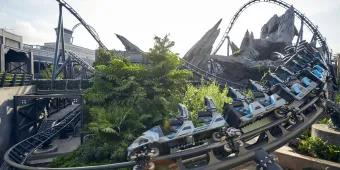 Grey rollercoaster on grey track with twisting track around trees and grey rocks.  The coaster is empty.