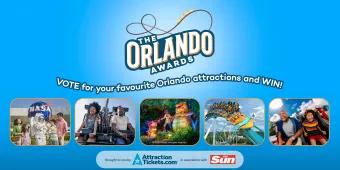 A blue banner with the Orlando Awards logo (small track coaster on top of the title) and 5 images of different attractions. From left to right, one with a family meeting an astronaut in front of the NASA globe sign, two girls screaming and their hair flying up on the VelociCoaster, Tiana animatronic surrounded by animals including a giant gator animatronic, people stood up on a orange and turquoise surfboard themed coaster in SeaWorld and two people sat on a red rollercoaster.