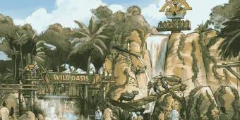 Art work depicting a new land coming themed on jungles.  There's a waterfall with a drop tower ride behind which has a colourful animal head on top. There are logs with colourful sculptures of animals on around the land and there is a sign which says Wild Oasis on it.