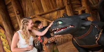 Toothless and Hiccup with guest - Isle of Berk Black dragon with more open meeting a guest who has her hand on Toothless' snout. Hiccup is behind consoling the dragon in his viking attire.