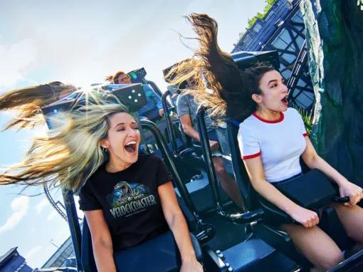 Guests on Jurassic World VelociCoaster at Universal Islands of Adventure