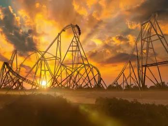 Hyperia, the UK's tallest and fastest rollercoaster, at sunset