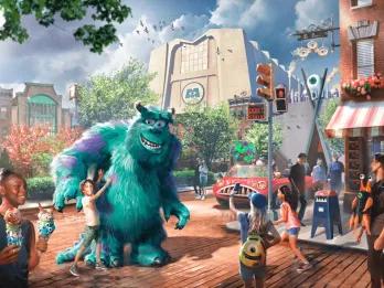 Concept art of Sulley walking through a new Monsters, Inc. themed land at Walt Disney World