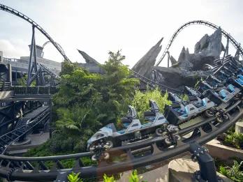 Grey rollercoaster on grey track with twisting track around trees and grey rocks.  The coaster is empty.