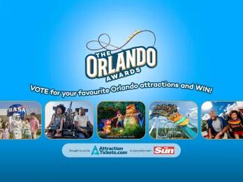 A blue banner with the Orlando Awards logo (small track coaster on top of the title) and 5 images of different attractions. From left to right, one with a family meeting an astronaut in front of the NASA globe sign, two girls screaming and their hair flying up on the VelociCoaster, Tiana animatronic surrounded by animals including a giant gator animatronic, people stood up on a orange and turquoise surfboard themed coaster in SeaWorld and two people sat on a red rollercoaster.