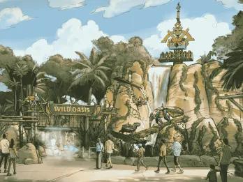 Art work depicting a new land coming themed on jungles.  There's a waterfall with a drop tower ride behind which has a colourful animal head on top. There are logs with colourful sculptures of animals on around the land and there is a sign which says Wild Oasis on it.