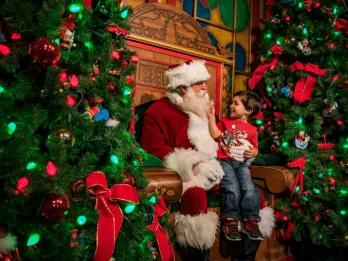 Santa Claus sat on wooden throne with a child sat on his lap touching his white beard. There are many christmas trees on either side decorated in pretty green and red decorations including baubles and bows.