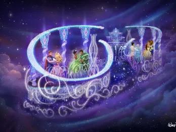 Concept art of the new night time parade of a huge float with four of the princesses on dancing with their princes. Including Tiana, Sleeping Beauty, Cinderella and Belle.