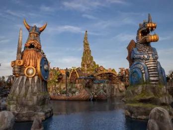 Large Viking statues on a lake guarding an island village